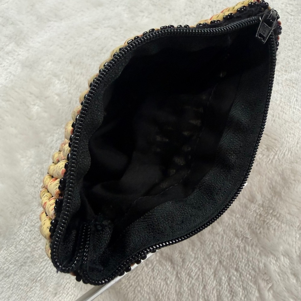 Handmade Paper Barrel Bead Coin Purse Cream Red Black Boho Recycled Artisan - Picture 3 of 4